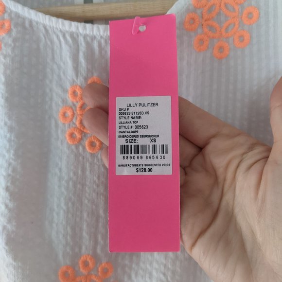 Lilly Pulitzer | Lilliana Top Cantaloupe Embroidered Seersucker NWT Size XS - Picture 7 of 9